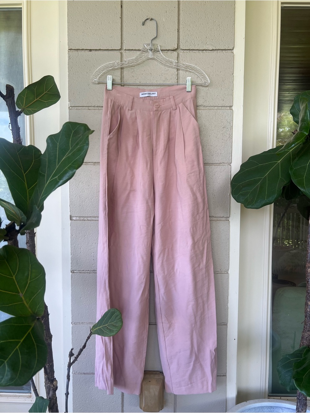 NONchalant Fabi High-Waist Wide Leg Trousers pants in rose / blush pink revolve